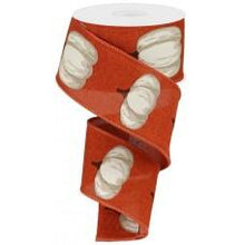 Load image into Gallery viewer, Wired fall ribbon featuring white pumpkins on a vibrant orange background, perfect for autumn wreaths and seasonal crafts.
