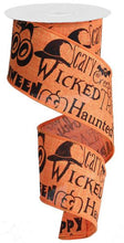 Load image into Gallery viewer, Halloween wired ribbon with orange background, black spooky designs including witch hats and words like "Scary" and "Wicked."