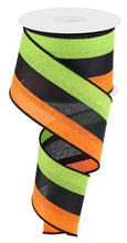 Load image into Gallery viewer, 3 in 1 Striped Canvas Wired Ribbon : Orange, Black, Lime Green - 2.5 inches x 10 yards (30 feet)