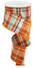 Load image into Gallery viewer, Wired plaid ribbon in orange, green, and white for fall crafts, wreath making, and seasonal home decor projects.