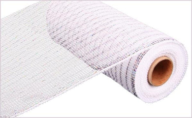 Deco Poly Mesh Ribbon : Metallic White with Silver Foil - 10 Inches x 10 Yards (30 Feet)