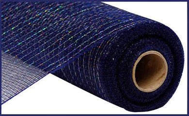 Deco Poly Mesh Ribbon : Metallic Navy Blue with Laser Silver Foil - 10 Inches x 10 Yards (30 Feet)