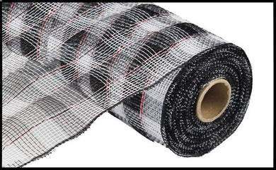 Deco Poly Mesh Ribbon : Metallic Black White Plaid with Red Foil - 10 Inches x 10 Yards (30 Feet)