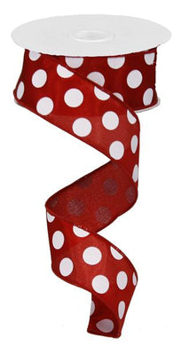 Polka Dot Wired Ribbon : Crimson Red White - 1.5 Inches x 10 Yards (30 Feet)