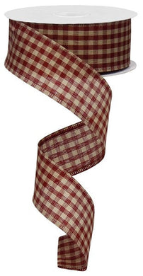 Primitive Gingham Check Wired Ribbon : Red Tan Beige - 1.5 Inches x 10 Yards (30 Feet)