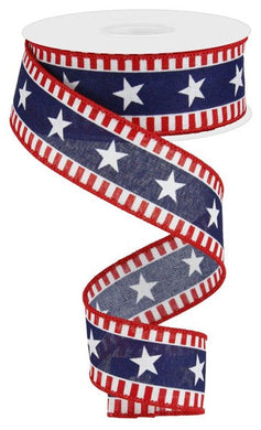 Stars & Stripes Canvas Wired Ribbon : Red, White, Navy Blue - 2.5 Inches x 10 Yards (30 Feet)