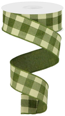 Plaid Check Wired Ribbon : Moss Green Ivory - 1.5 Inches x 10 Yards (30 Feet)