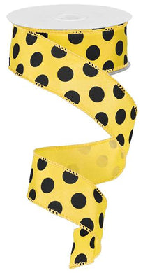 Polka Dot Satin Wired Ribbon : Yellow, Black - 1.5 Inches x 10 Yards (30 Feet)