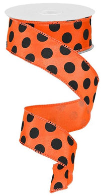 Polka Dot Satin Wired Ribbon : Orange, Black - 1.5 Inches x 10 Yards (30 Feet)