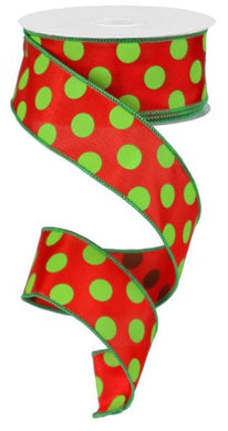 Polka Dot Satin Wired Ribbon : Red, Lime Green Christmas - 1.5 Inches x 10 Yards (30 Feet)