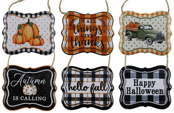 Assorted Fall Tin Ornament : 6 Pack Asst. - Burlap String Hanger Attached - 4 Inches x 3.5 Inches