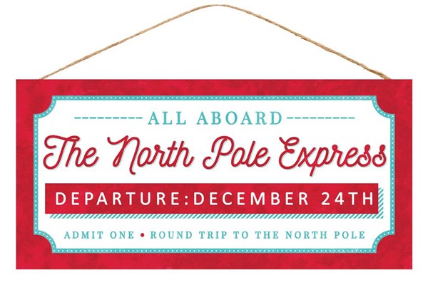 North Pole Express Wooden Sign : White Red Turquoise Blue - 12.5 inches x 6 inches 