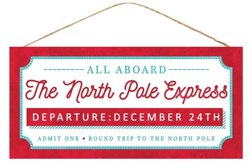 North Pole Express Wooden Sign : White Red Turquoise Blue - 12.5 inches x 6 inches 