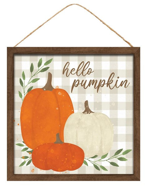 Hello Pumpkin Wooden Sign : Orange Brown Cream Light Beige Green - 10 Inches x 10 Inches
