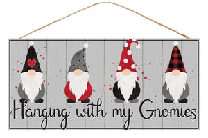 Christmas Hanging with My Gnomies Wooden Sign : Red White Black Grey Gray - 12.5 Inches x 6 Inches