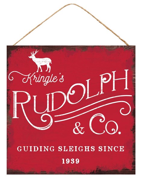 Kringle's Rudolph & Co Wooden Sign : Red White - 10 Inches x 10 Inches