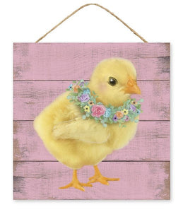 Chick with Floral Wreath Necklace Easter Wooden Sign : Pink Yellow Orange - 10 Inches x 10 Inches