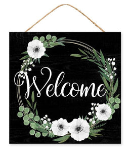 Welcome Floral Flowers Wooden Sign : Black White Moss Green - 10 Inches x 10 Inches