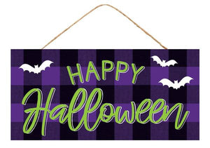 Happy Halloween Plaid Check Wooden Sign : Purple Green Black - 12.5 Inches x 6 Inches