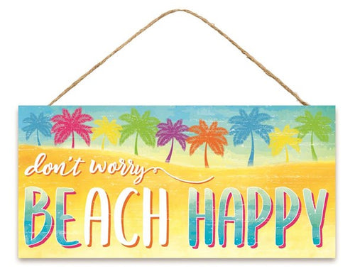 Don't Worry Beach Happy Wooden Sign : Yellow, Turquoise, Pink - 12.5 Inches x 6 Inches