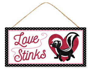 Love Stinks Skunk Wooden Sign : White Pink Black Red - 12.5 Inches x 6 Inches