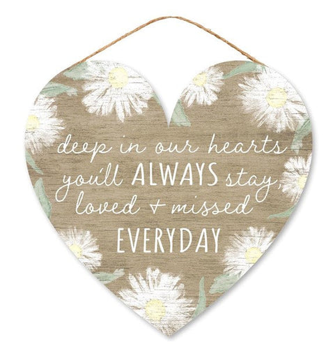 Deep in Our Hearts Memorial Wooden Heart Sign : Brown White Sage Green Yellow - 12 Inches x 11.5 Inches