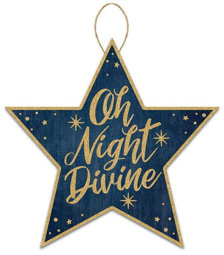 Christmas Oh Night Divine Glitter Wooden Star Sign : Navy Blue Gold - 12 Inches x 11.75 Inches
