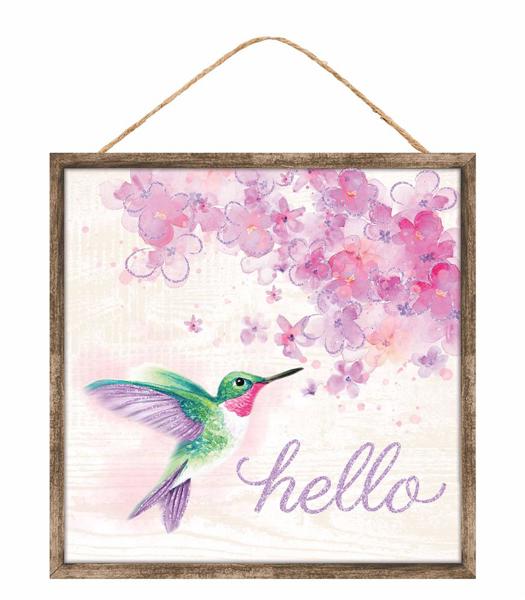 Hummingbird and Florals Wooden Sign : Green Purple Beige Pink - 10 Inches x 10 Inches