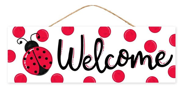 Welcome Ladybug Wooden Sign : Red Black White - 15 Inches x 5 Inches