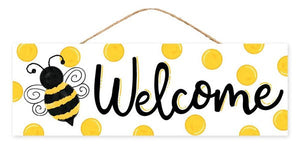 Bumblebee Welcome Wooden Sign : Yellow Black White - 15 Inches x 5 Inches