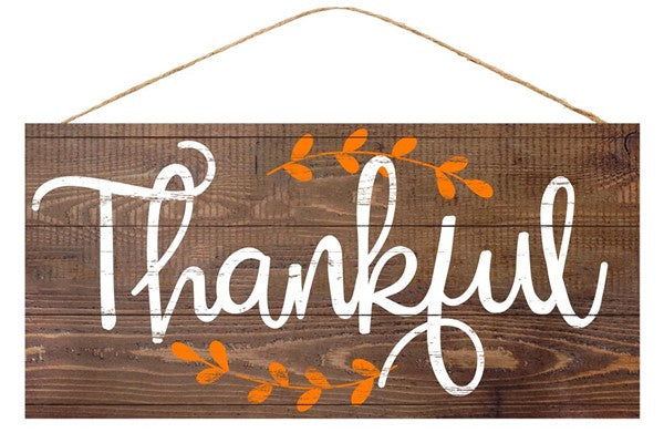 Thankful Wooden Sign : Brown White Orange - 12.5 Inches x 6 Inches