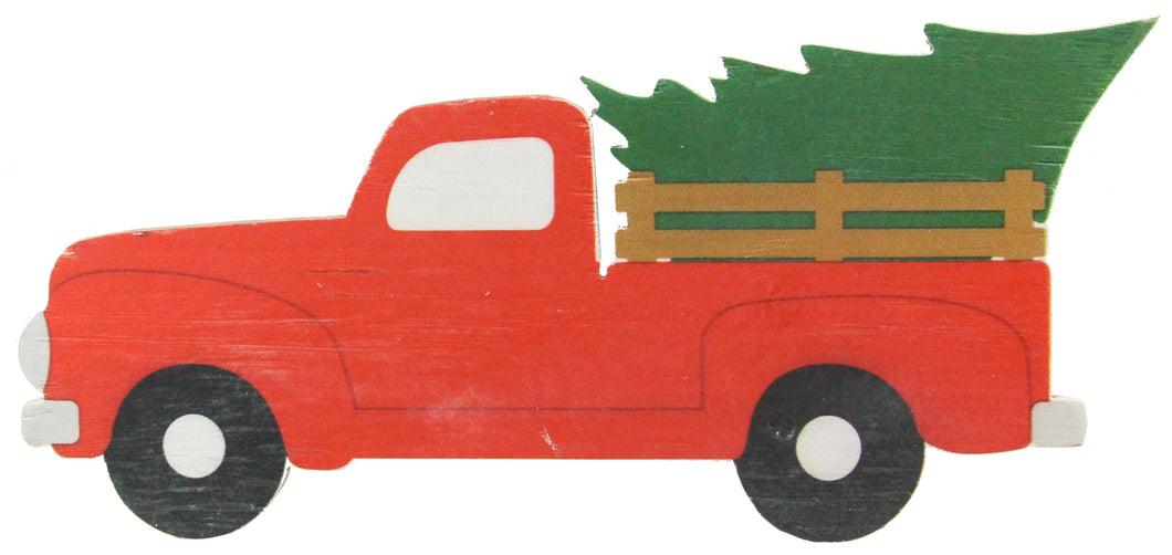 Red Truck with Christmas Tree MDF Wooden Sign - 15 Inches