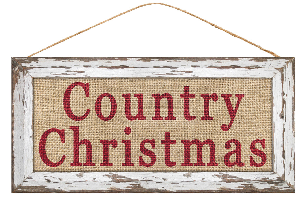 Country Christmas Wooden Sign : Red Natural Beige White - 12.5 Inches x 6 Inches