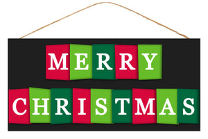 Merry Christmas Wooden Sign : Black Red Green White - 12.5 Inches x 6 Inches