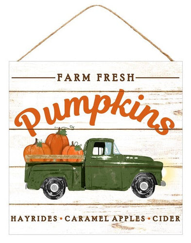 Farm Fresh Pumpkins Wooden Sign : Green - 10 Inches x 10 Inches