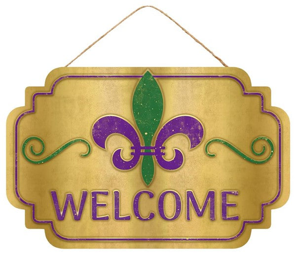Mardi Gras Welcome Wooden Sign : - 12 Inches x 12 Inches