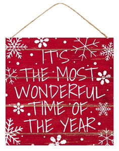 It's the Most Wonderul Time Snowflake Wooden Sign : Red White - 10 Inches x 10 Inches