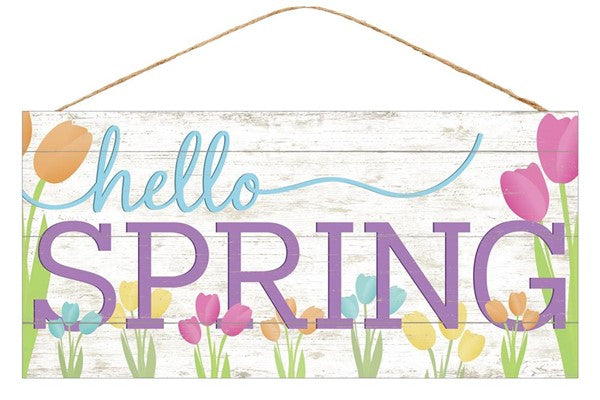 Hello Spring Tulip Wooden Sign: White Yellow Multi - 12.5 Inches x 6 Inches