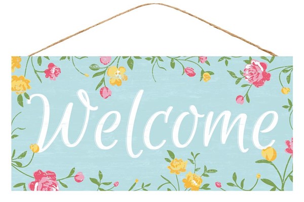 Welcome Floral Flowers Wreath Wooden Sign: Light Blue Multi Colors - 12.5 Inches x 6 Inches