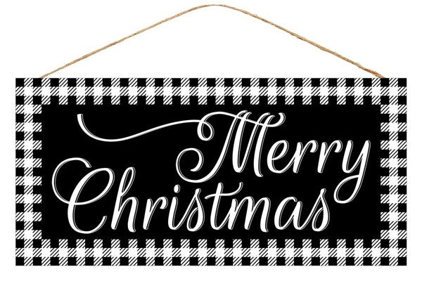 Merry Christmas Wooden Sign: Black White Buffalo Check - 12.5 Inches x 6 Inches