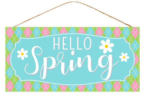 Hello Spring Wooden Sign : Blue White Pink Green - 12.5 Inches x 6 Inches