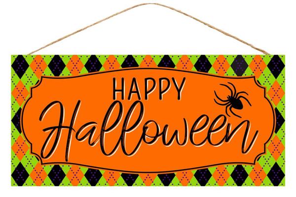 Happy Halloween Argyle Spider Wooden Sign: Black Green Orange - 12.5 Inches x 6 Inches