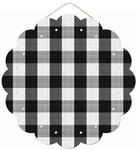 Scalloped Check Wooden Sign Door Hanger Base : Black White - 21 Inches x 21 Inches