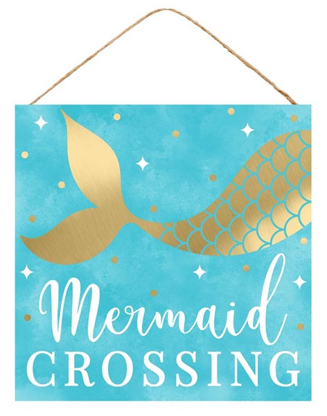 Mermaid Crossing Wooden Sign : Blue Gold White - 10 inches x 10 inches 