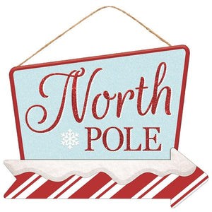 North Pole Wooden Sign : Light Blue Red White