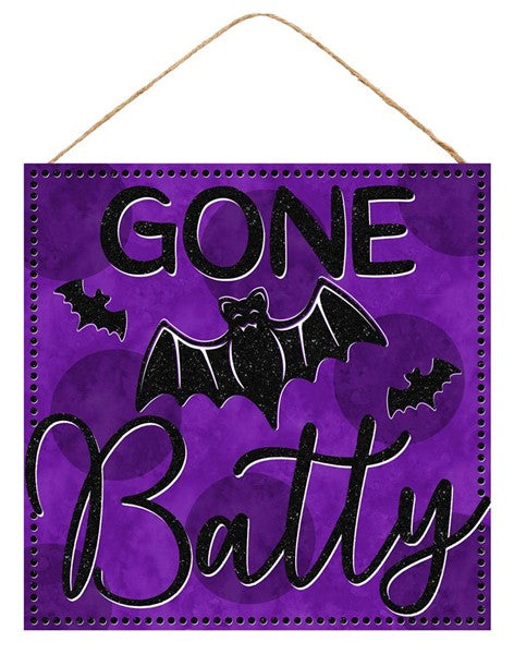 Gone Batty Wooden Sign : Purple Black - 10 Inches