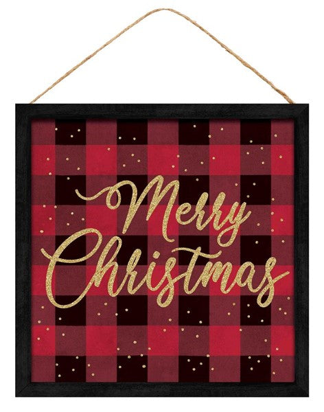 Merry Christmas Plaid Wooden Sign : Red Black - 10 Inches