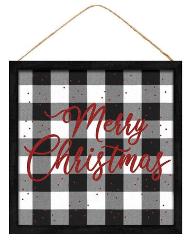 Merry Christmas Check Wooden Sign : Black White - 10 Inches