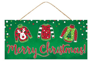 Ugly Christmas Sweater Wooden Sign : Emerald Red White - 12.5 Inches x 6 Inches