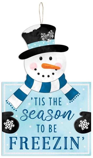 Season Freezin' Snowman Wooden Sign : Blue, White, Black - 13.5 Inches x 9 Inches